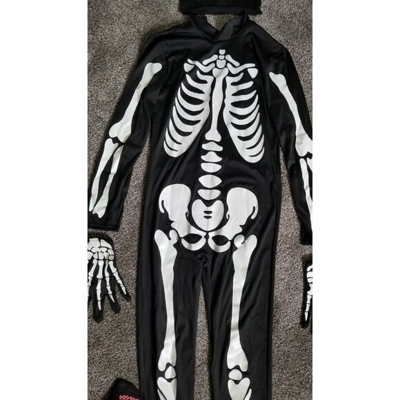 Skeleton Halloween Costume w/Hood & Gloves 1/2 Zip Approx Youth LARGE Pre-owned - Picture 5 of 9